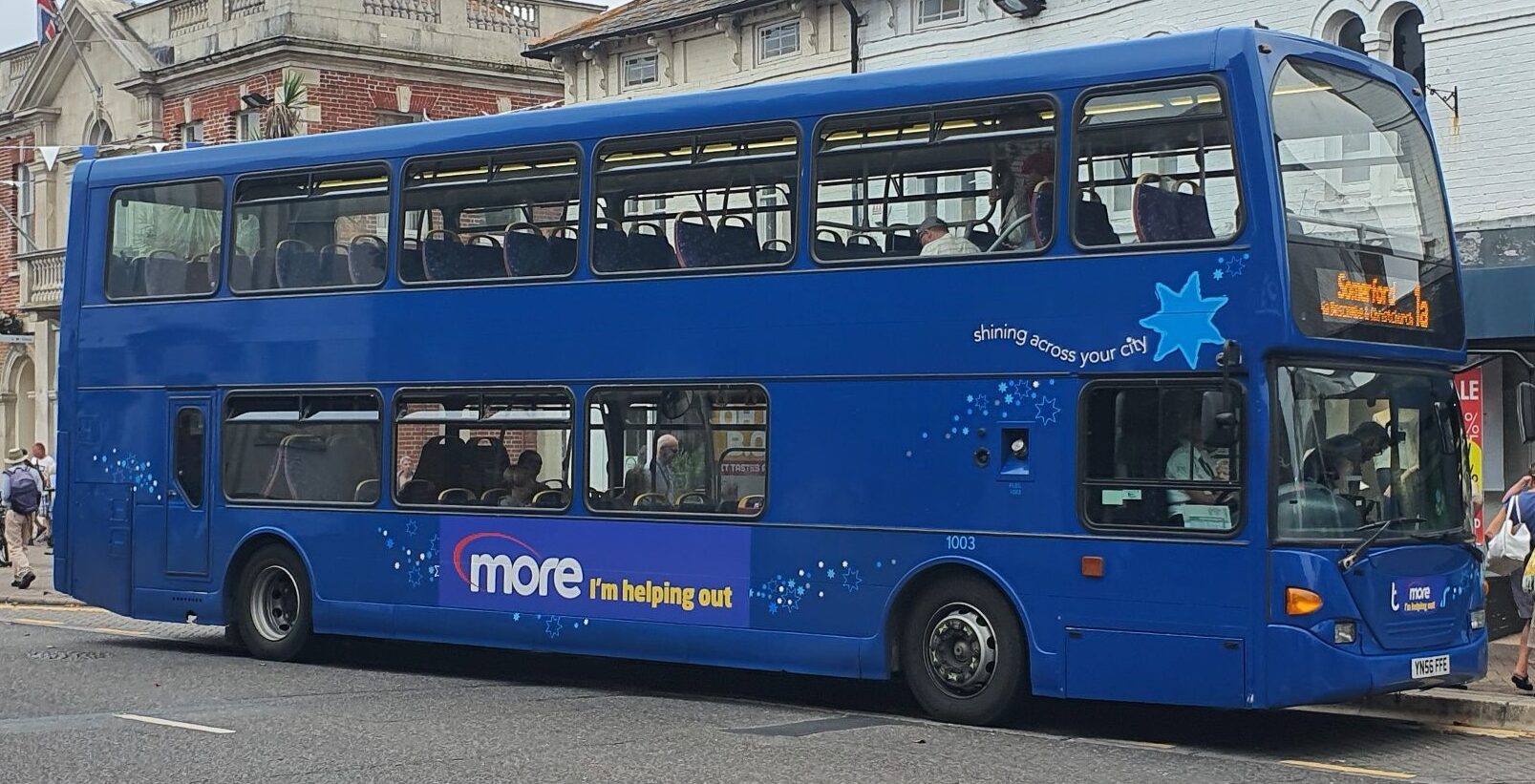 A bus from the Bluestar Reserve fleet covering morebus services in Christchurch