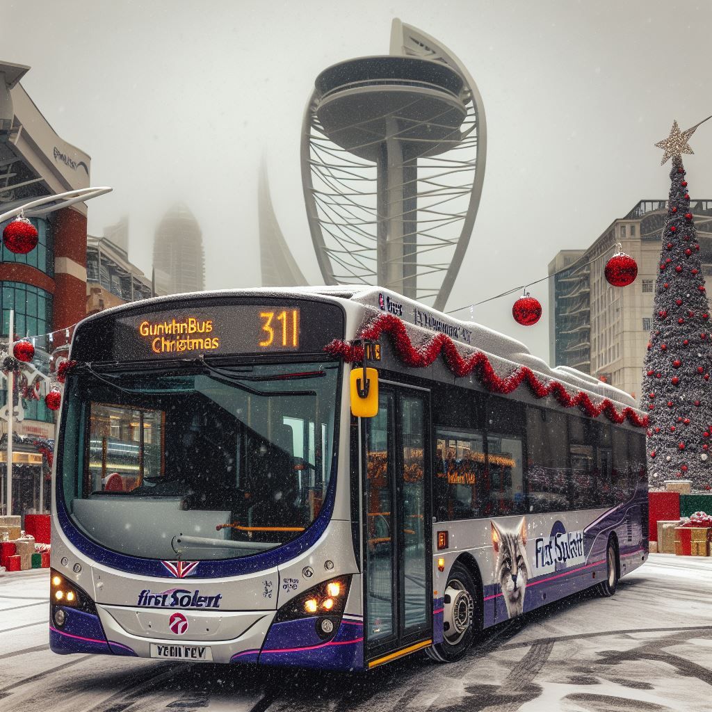 AI image depicting a bus in the snow, in Portsmouth