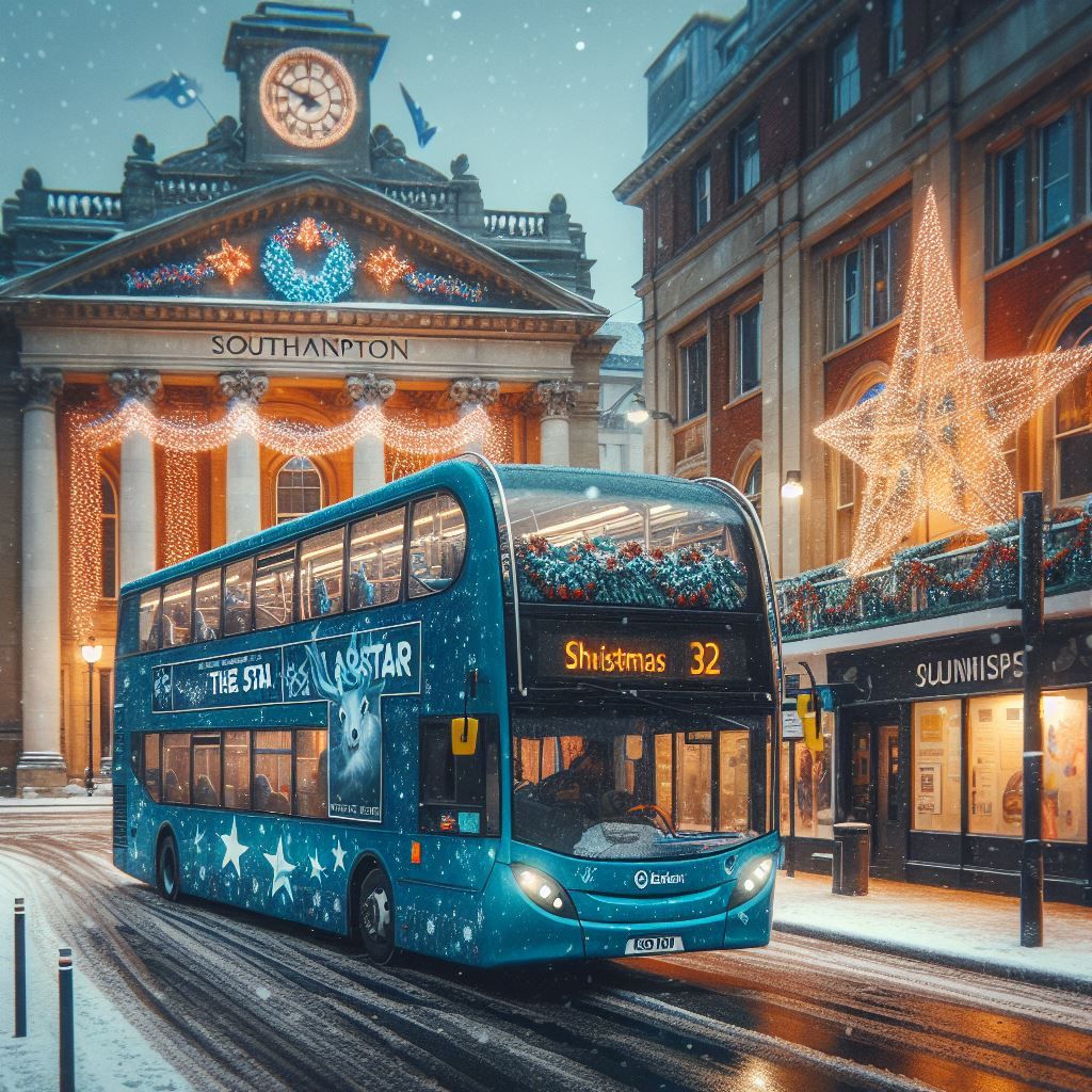 An AI generated Christmas bus scene
